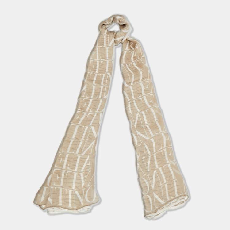 Pre Owned Valentino Beige Logo Printed Silk Scarf 