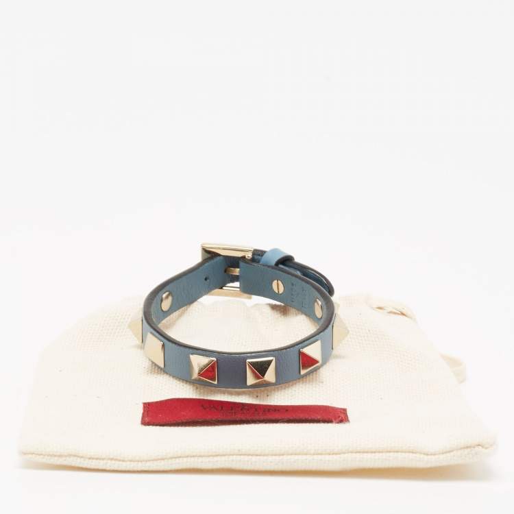 Pre Owned Valentino Blue Leather Rockstud Wrap Bracelet