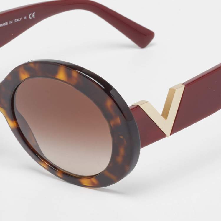 Pre Owned Valentino Brown/Red Tortoise Print VA 4058 Round Sunglasses