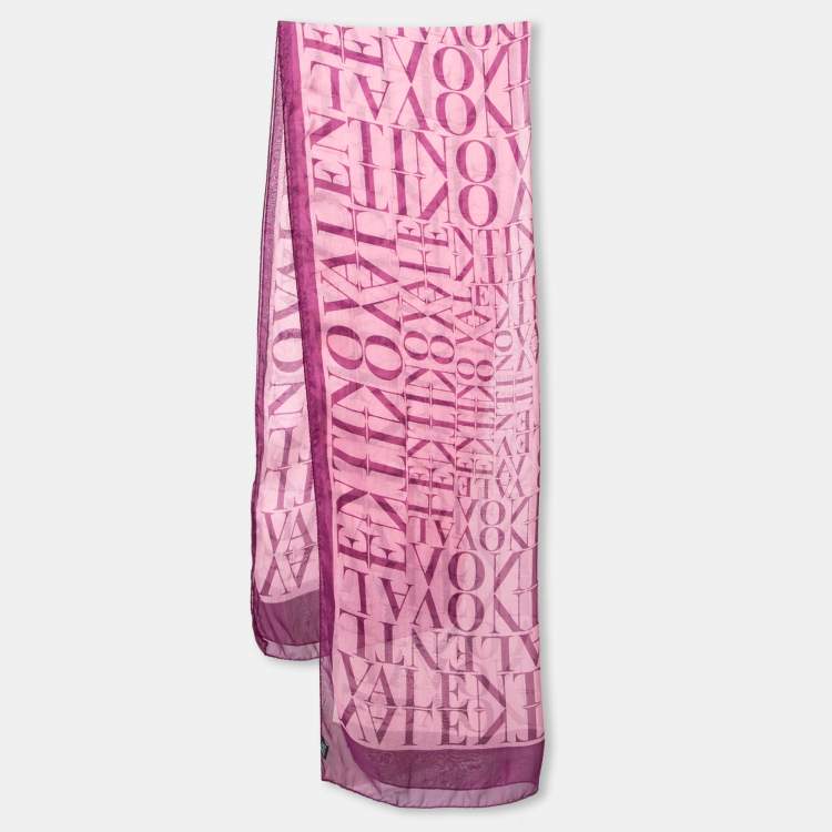 Pre Owned Valentino Purple & Pink Logo Printed Silk Scarf 