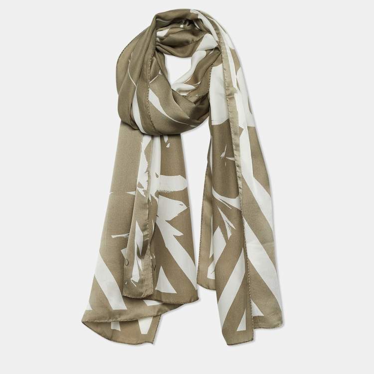 Pre Owned Valentino Olive Green Printed Silk Satin Scarf