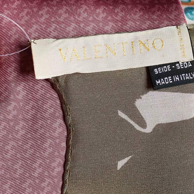 Pre Owned Valentino Olive Green Printed Silk Satin Scarf
