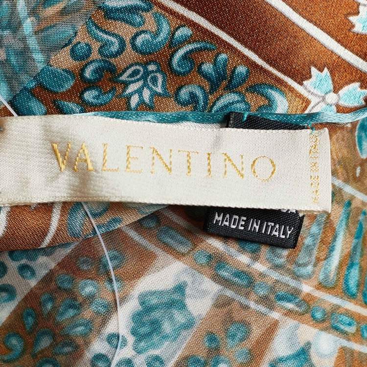 Pre Owned Valentino Blue & Brown Printed Silk Scarf