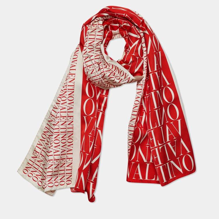 Pre Owned Valentino Red Logo Print Silk Stole