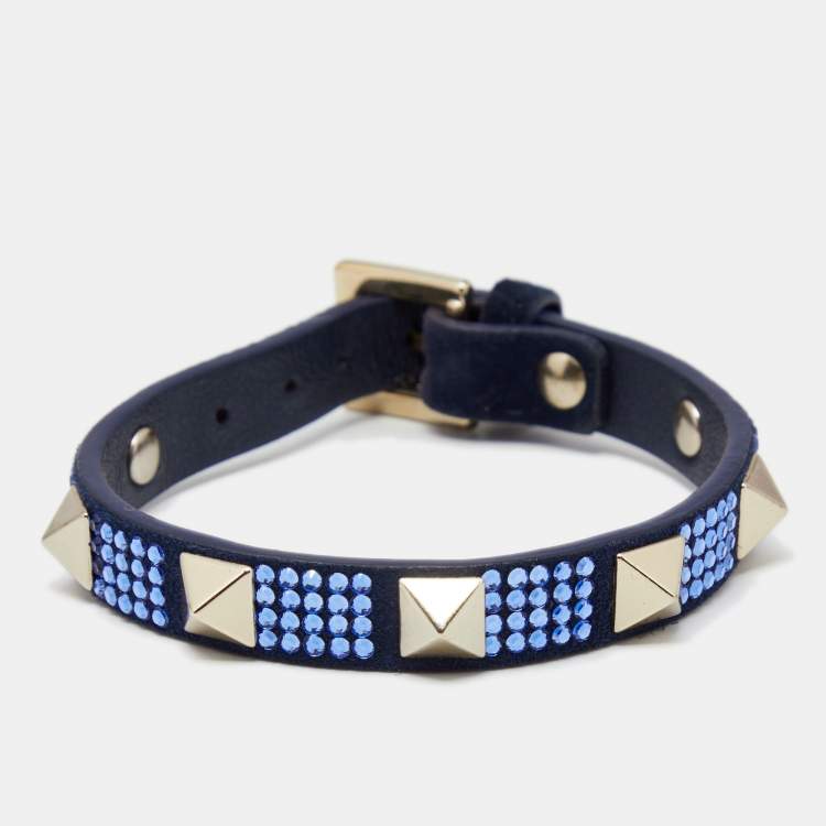 Pre Owned Valentino Emerald Blue Suede Crystal Embellished Rockstud Bracelet