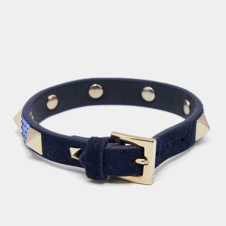 Pre Owned Valentino Emerald Blue Suede Crystal Embellished Rockstud Bracelet