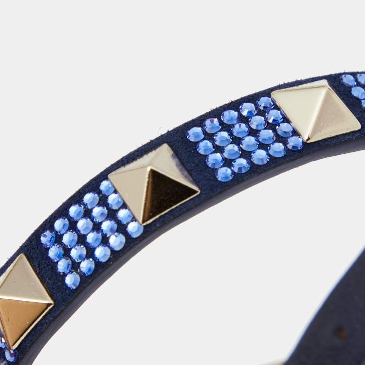 Pre Owned Valentino Emerald Blue Suede Crystal Embellished Rockstud Bracelet