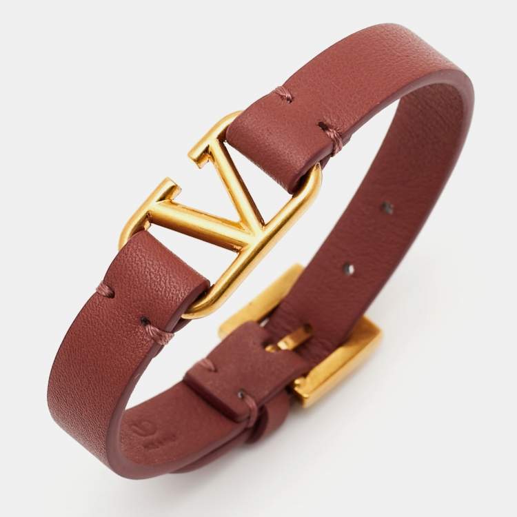 Pre Owned Valentino  VLogo Leather Gold Tone Wrap Bracelet