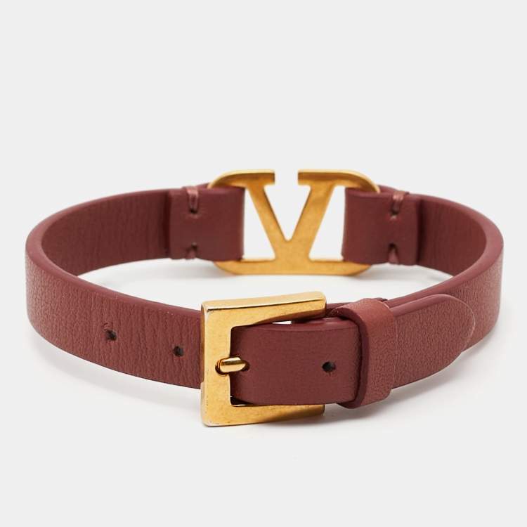 Pre Owned Valentino  VLogo Leather Gold Tone Wrap Bracelet