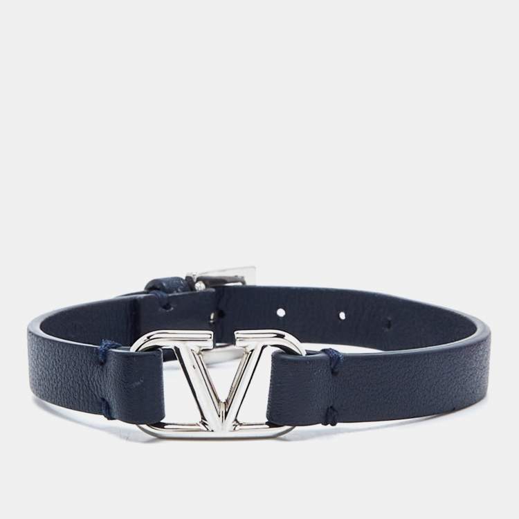 Pre Owned Valentino Dark Blue Leather VLogo Wrap Bracelet