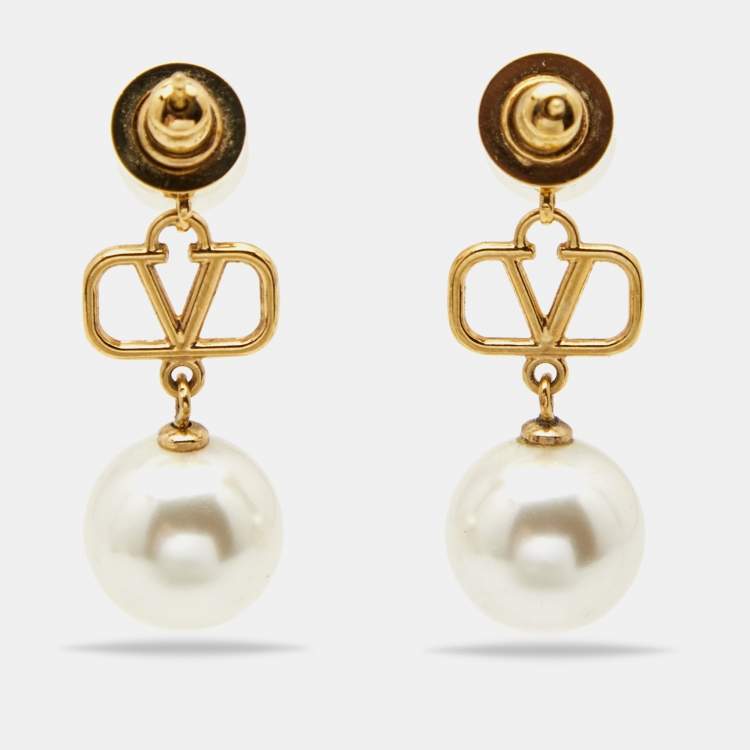 Pre Owned Valentino Gold Tone VLogo Pearl Drop Earrings