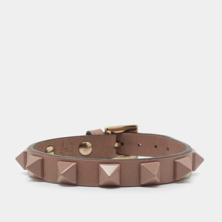 Pre Owned Valentino Taupe Leather & Enamel Rockstud Wrap Bracelet 