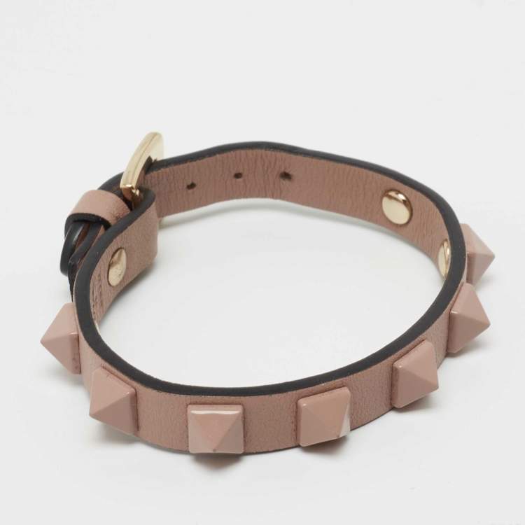 Pre Owned Valentino Taupe Leather & Enamel Rockstud Wrap Bracelet 