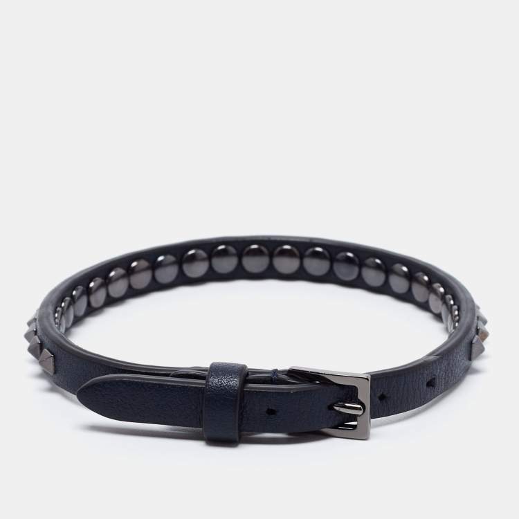 Pre Owned Valentino Navy Blue Leather Mini Rockstud Wrap Bracelet