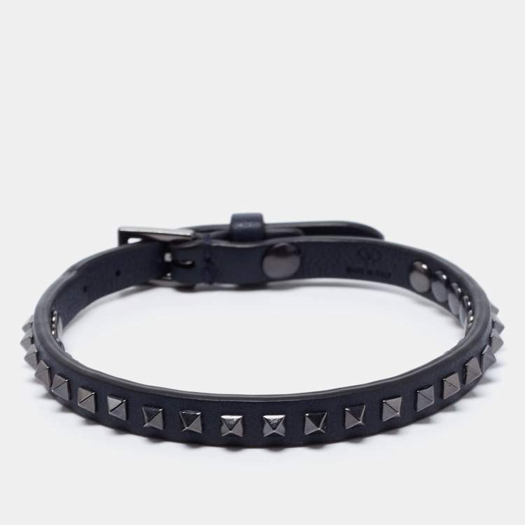 Pre Owned Valentino Navy Blue Leather Mini Rockstud Wrap Bracelet