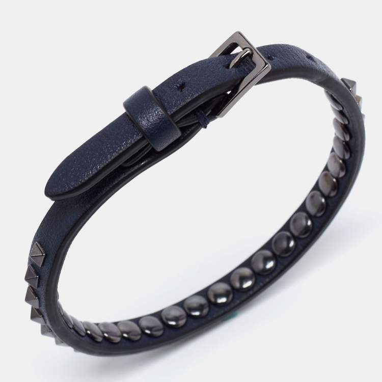 Pre Owned Valentino Navy Blue Leather Mini Rockstud Wrap Bracelet