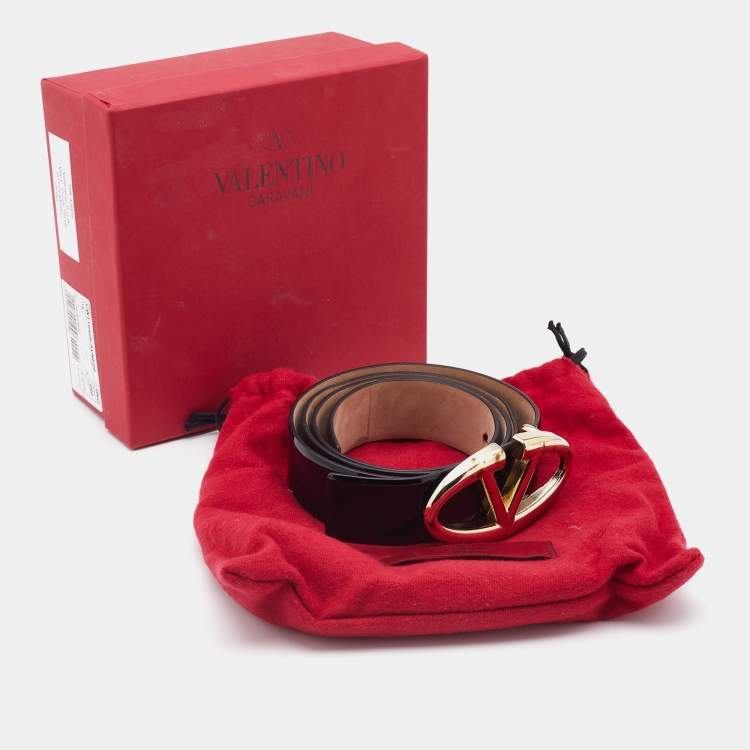Pre Owned Valentino Black Patent Leather Logo Platino Buckle Belt 90CM