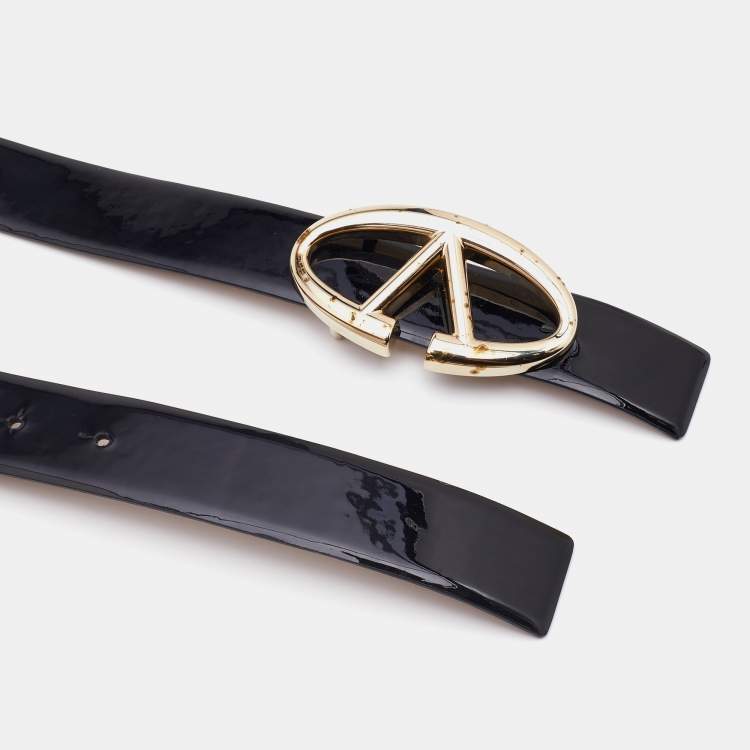 Pre Owned Valentino Black Patent Leather Logo Platino Buckle Belt 90CM