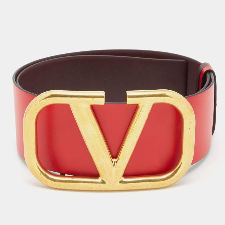 Pre Owned Valentino Red/Burgundy Leather VLogo Reversible Belt 75CM