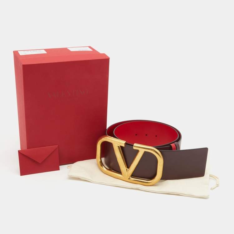 Pre Owned Valentino Red/Burgundy Leather VLogo Reversible Belt 75CM