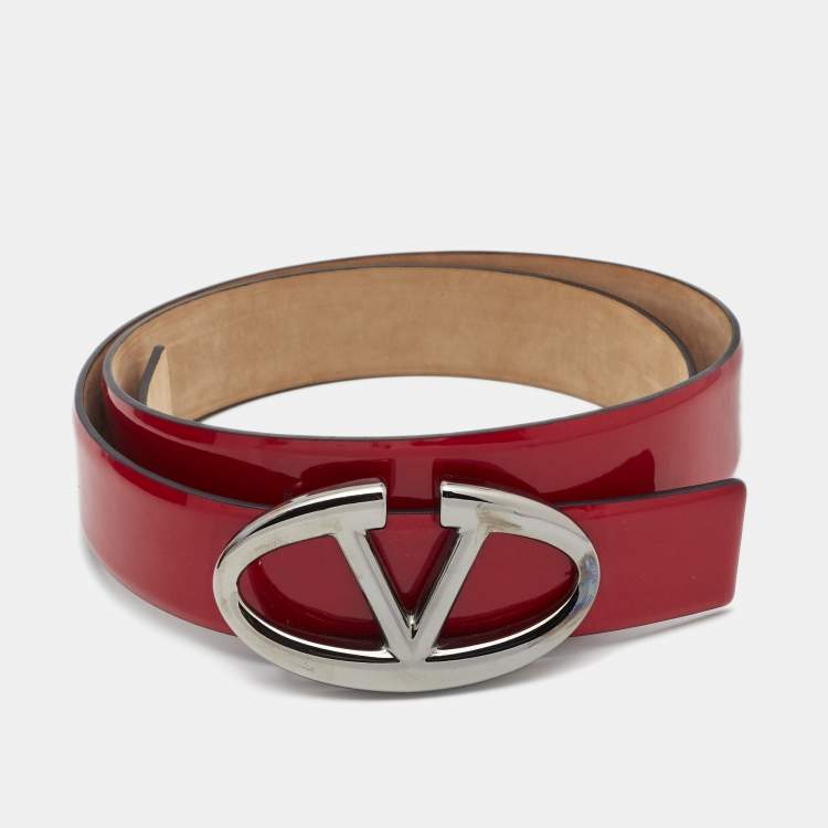 Pre Owned Valentino Red Patent Leather Logo Platino Belt 90CM