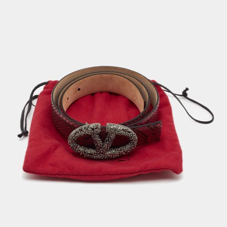 Pre Owned Valentino Red Snakeskin Crystal Embellished Logo Platino Belt 90CM