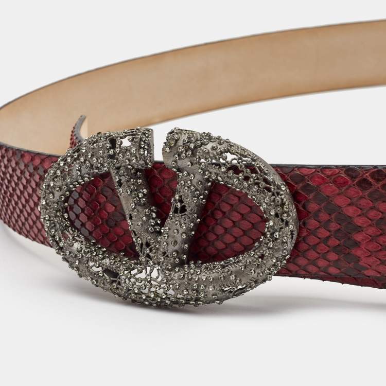 Pre Owned Valentino Red Snakeskin Crystal Embellished Logo Platino Belt 90CM