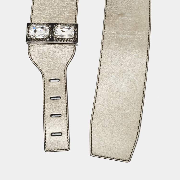 Pre Owned Valentino Pale Gold Leather Crystal Embellished Waist Belt 85CM