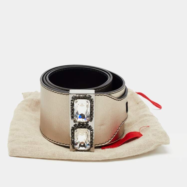 Pre Owned Valentino Pale Gold Leather Crystal Embellished Waist Belt 85CM