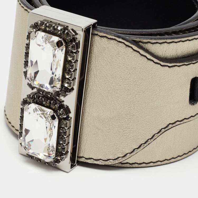 Pre Owned Valentino Pale Gold Leather Crystal Embellished Waist Belt 85CM