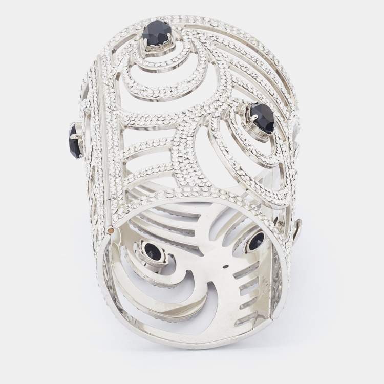 Pre Owned Valentino Silver Tone Crystal Embellished Extra Wide Cuff Bracelet