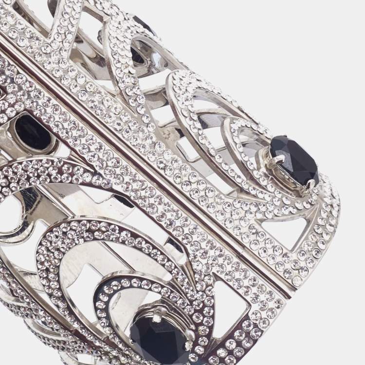 Pre Owned Valentino Silver Tone Crystal Embellished Extra Wide Cuff Bracelet