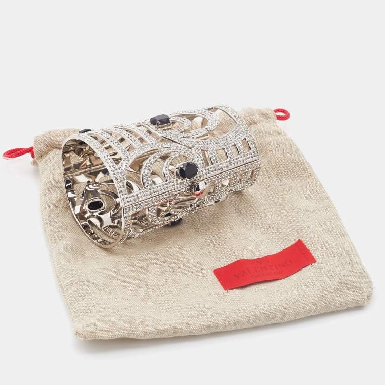 Pre Owned Valentino Silver Tone Crystal Embellished Extra Wide Cuff Bracelet