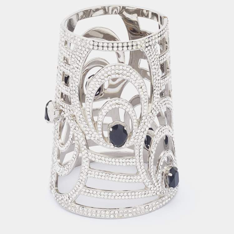 Pre Owned Valentino Silver Tone Crystal Embellished Extra Wide Cuff Bracelet