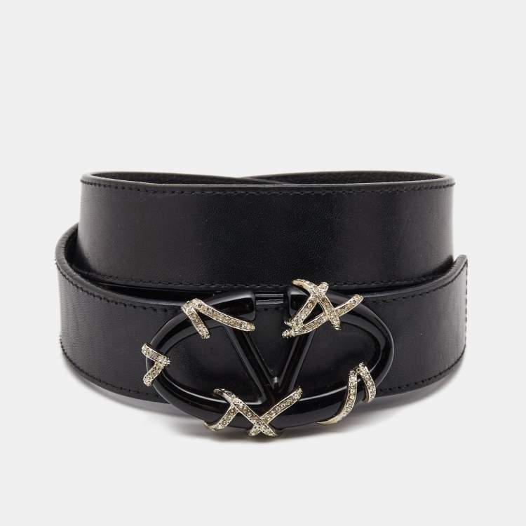 Pre Owned Valentino Black Leather VLogo Crystals Buckle Belt 90CM