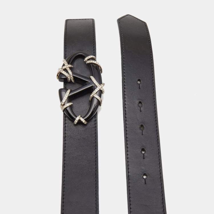 Pre Owned Valentino Black Leather VLogo Crystals Buckle Belt 90CM