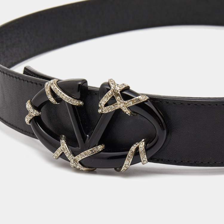 Pre Owned Valentino Black Leather VLogo Crystals Buckle Belt 90CM
