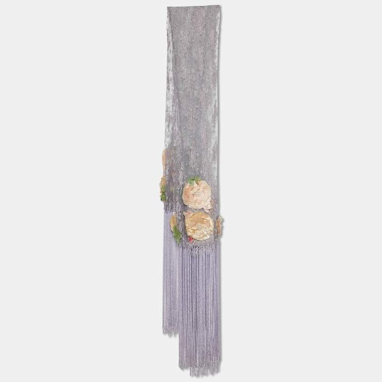 Pre Owned Valentino Lilac Lace Floral Embellished Applique Fringed Shawl