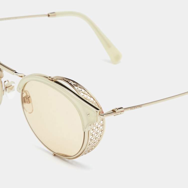 Pre Owned Valentino Gold/Beige VA 2008Z Movable Frame Round Sunglasses