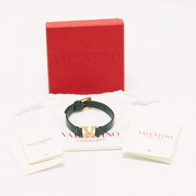 Pre Owned Valentino VLogo Signature Leather Gold Tone Wrap Bracelet