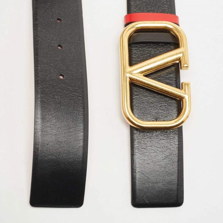 Pre Owned Valentino Black/Red Leather VLogo Reversible Belt Size 80 CM