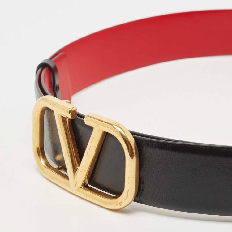 Pre Owned Valentino Black/Red Leather VLogo Reversible Belt Size 80 CM