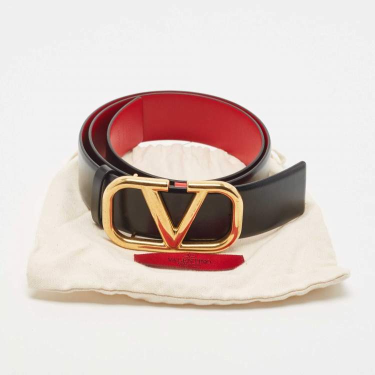Pre Owned Valentino Black/Red Leather VLogo Reversible Belt Size 80 CM
