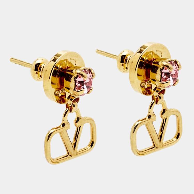 Pre Owned Valentino VLogo Crystal Gold Tone Earrings