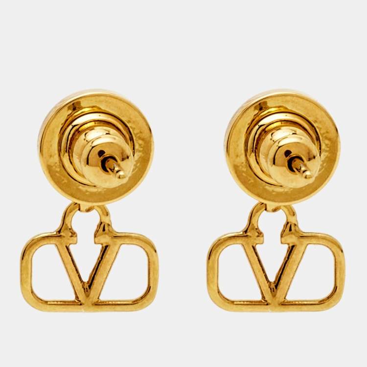Pre Owned Valentino VLogo Crystal Gold Tone Earrings