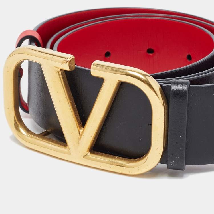 مملوكة مسبقًا Valentino Black/Red Leather VLogo Reversible Waist Belt Size 75CM