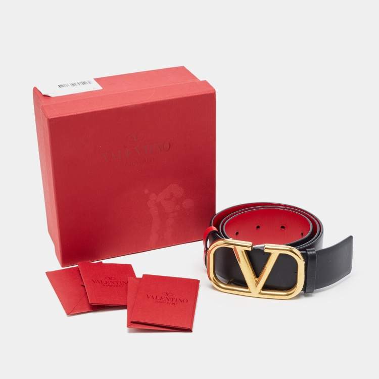 مملوكة مسبقًا Valentino Black/Red Leather VLogo Reversible Waist Belt Size 75CM