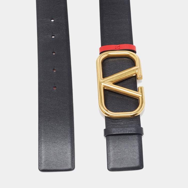مملوكة مسبقًا Valentino Black/Red Leather VLogo Reversible Waist Belt Size 75CM