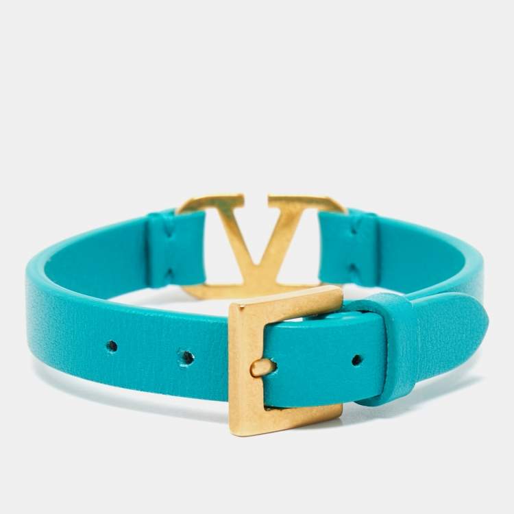 Pre Owned Valentino VLogo Leather Gold Tone Bracelet