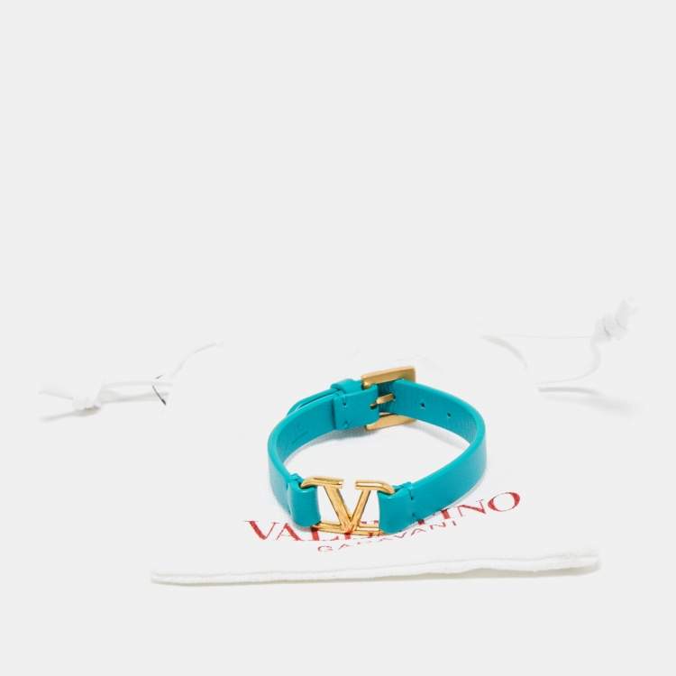 Pre Owned Valentino VLogo Leather Gold Tone Bracelet